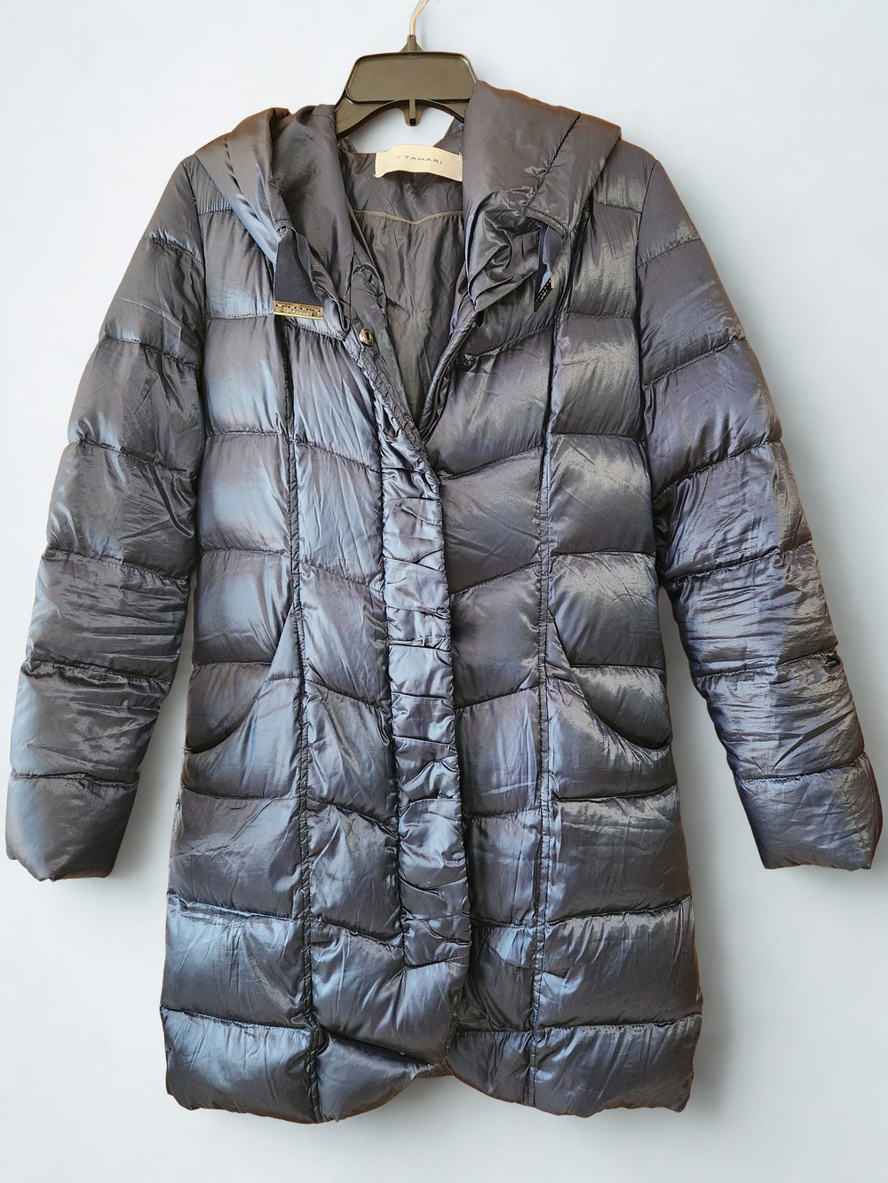 T Tahari Gisele Metallic Blue Long Puffer Coat with Hood